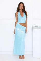 Twinkle Temptation Halter Sequin Maxi Dress Blue