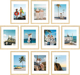 10 Pack 11x14 Picture Frame Collage Wall Decor with 8x10 Mat | Natural Plastic 11x14 Photo Frames with High