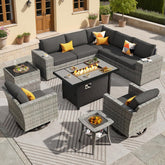 10 Pieces Patio Furniture Set, Outdoor Wicker Sectional Sofa with 42" Fire Pit Table Swivel Chairs