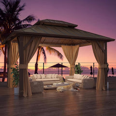 10' x 12' Gazebo Hardtop with Aluminum Frame,Galvanized Steel Double Roof Gazebos with Curtain and Netting,Outdoor Metal Pergolas for Garden, Lawn, Deck, Brown